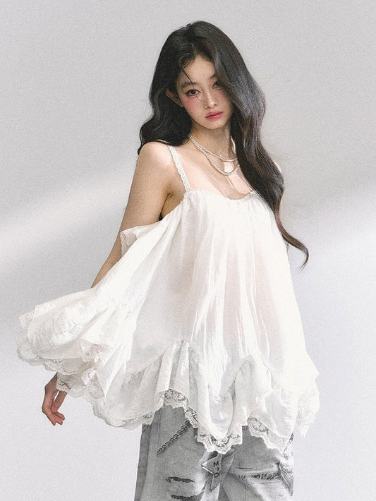 White Handkerchief Hem Lace Trim Chiffon Cami Top