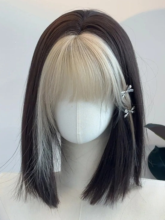 Black Shoulder Length Straight Synthetic Wig With Blonde Bangs