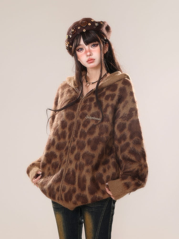 Brown Leopard Thick Hooded Zip Jacket