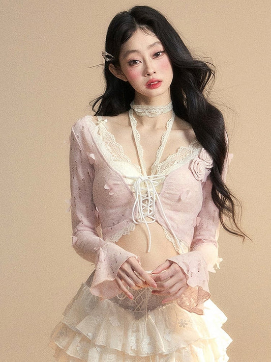 Cropped Top Floral Pink Bell Sleeves Butterfly Glamorous and Set With Top Embellished Lace