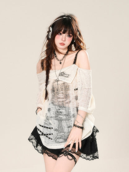 Neckline Anime Girl Print Semi-sheer Lace T-Shirt White Off-the-shoulder