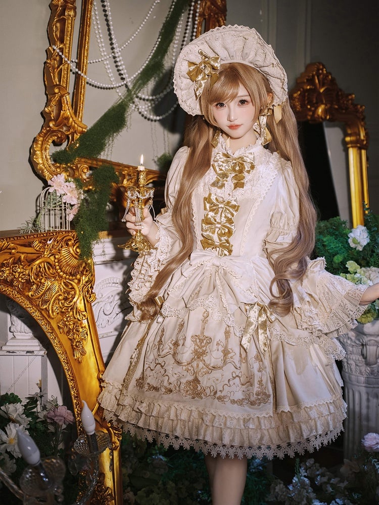 Velvet Candlestick Cream Sleeves Bell Embroidery Dress and Candle