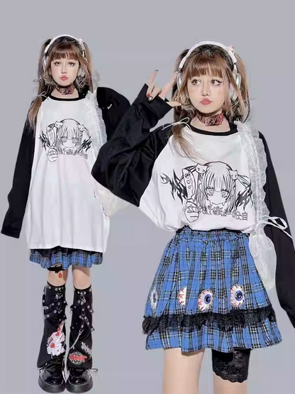 Black&White Round Neck Cartoon Top