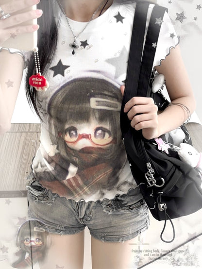 T-shirt Hem Star Print White BJD Ruffled Doll and