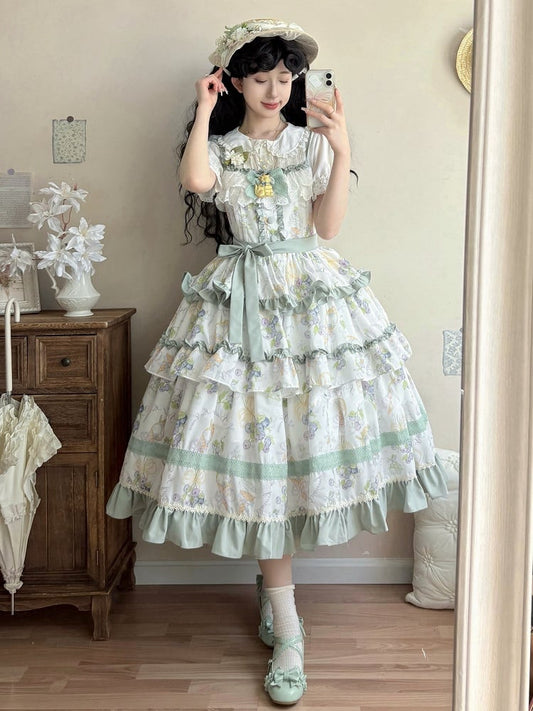 Ruffle and Ice Print Tiered Trimming Cream Dress Skirt Light Blueberry Green Lolita