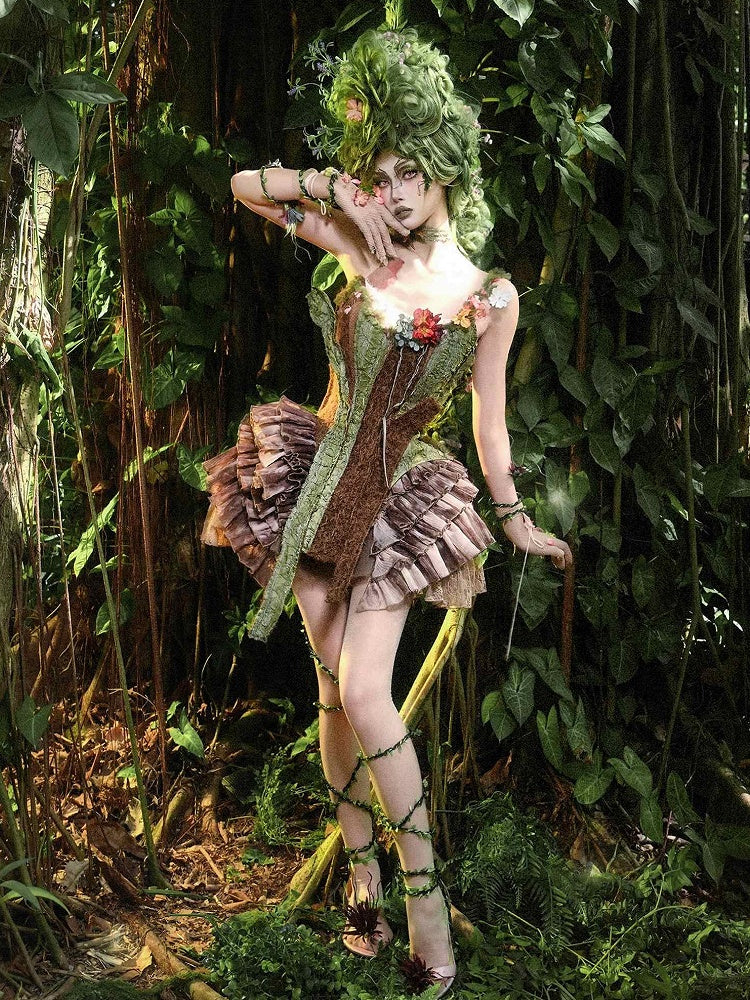 Brown Low Goth Shorts with Lining Tiered Fairy Waist Skirt Tie Ruffles Dye