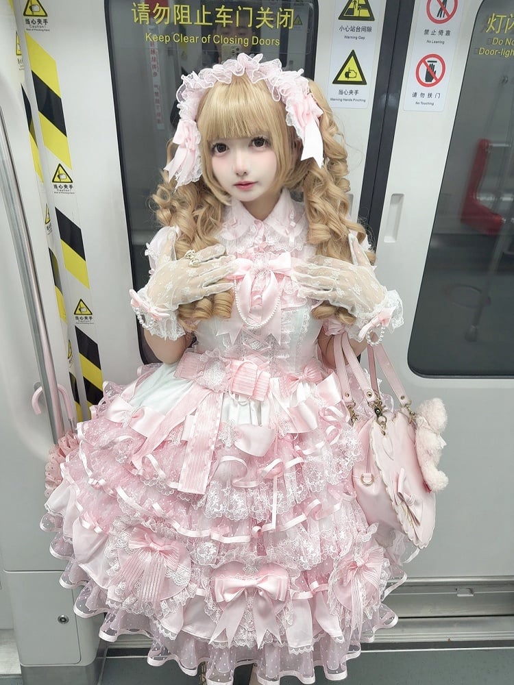 Princess Skirt Hanayome Pink Jumper Dress Decoration Layered Lolita White Heart-shaped and Bows