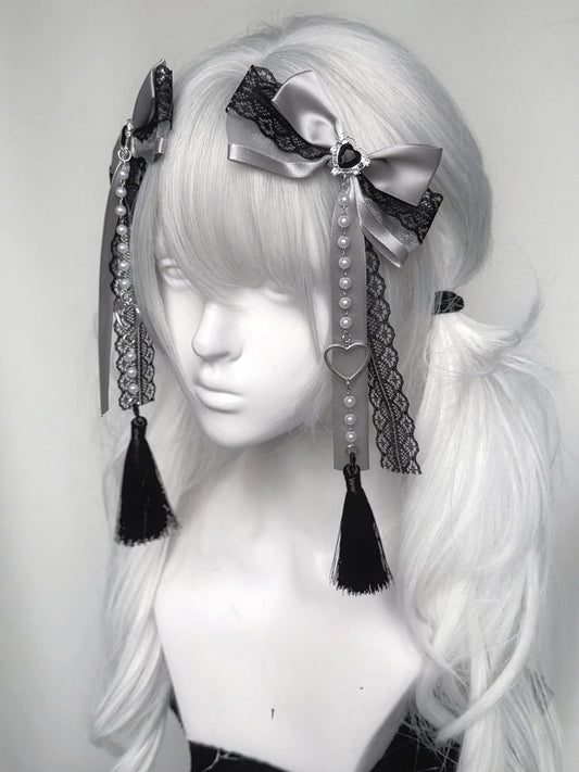 Accents Hairclips with Beaded Chain Jirai Kei Colors Lace Bow Rhinestone 3