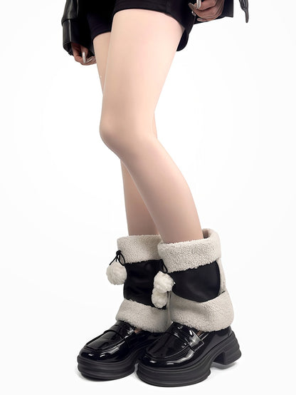 Black Y2K Bowknot Plush Cuffs Leg Warmers With Pompons