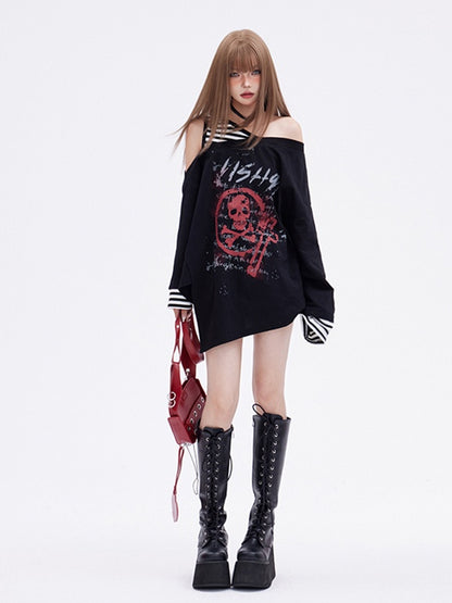 Print Skeleton Punk Top Faux Two-pieces Glamorous Black Asymmetrical Neckline and Hem