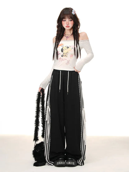 Black Lace Trim Wide-leg Cut Blokette Core Pants