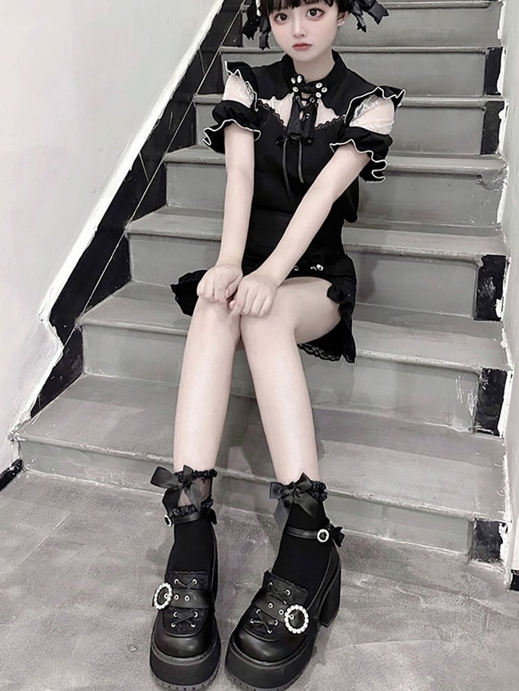 Jirai Shoes Style Kei Heels Black Matte Chunky Platform Landmine