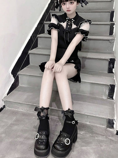 Jirai Shoes Style Kei Heels Black Matte Chunky Platform Landmine