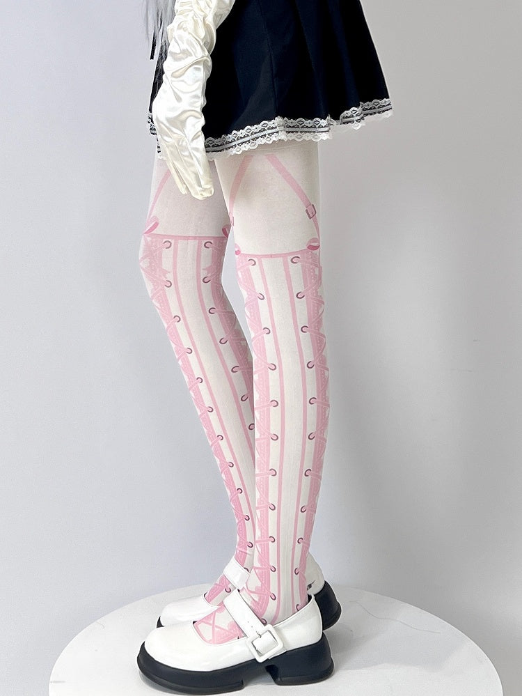 White Sweet Lolita Lace-up Print Tights