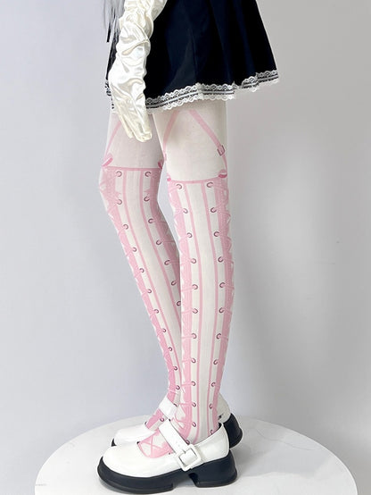 White Sweet Lolita Lace-up Print Tights
