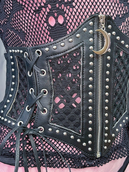 Lace-up Detail Crescent Moon Zip Black Punk Waist Corset Belt