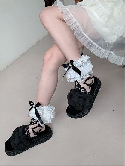 Details Socks White/Black Semi-sheer Calf Bowknot Ruffled Cuff