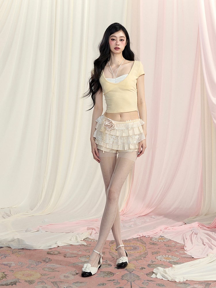 Backless T-Shirt Red/Yellow/Pink Glamorous Faux Two-Piece