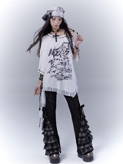 Black Lace-up Front Tiered Plaid Cuffs Slim-fitting Pants