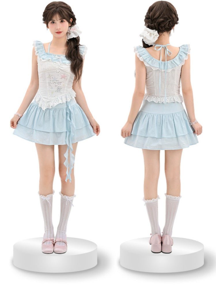 Yume Kawaii Blue Bowknot Detail Waist Tiered Skirt