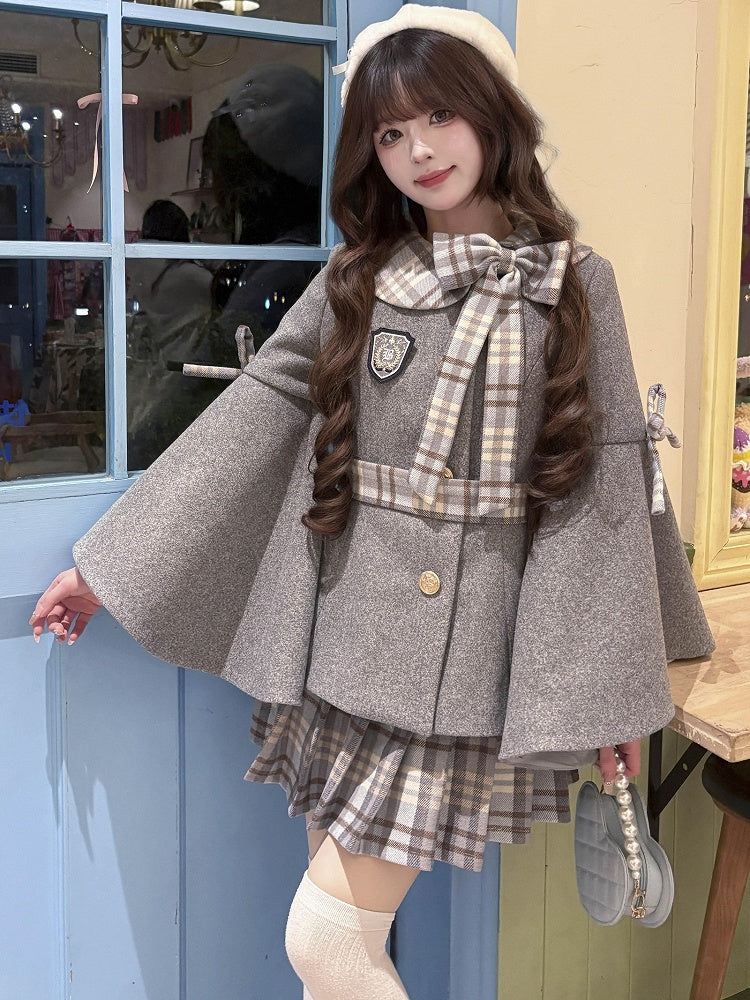 Grey Preppy Style Bell Sleeves Jacket with Plaid Bow Accent + Grey Plaid Pleated Skirt Set