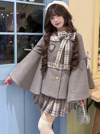 Grey Preppy Style Bell Sleeves Jacket with Plaid Bow Accent + Grey Plaid Pleated Skirt Set
