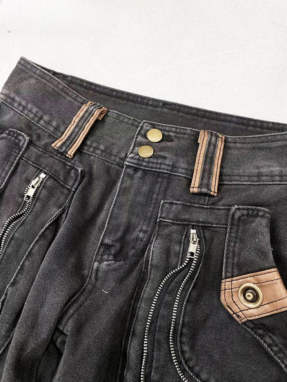 Distressed Cargo Flared with Punk Black Wasteland Millard Vintage Design Pockets Fashion Jeans
