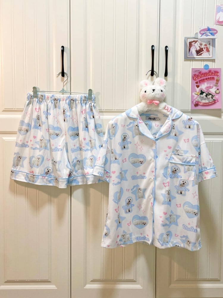 White Blue Cute Puppy Print Pajama Set