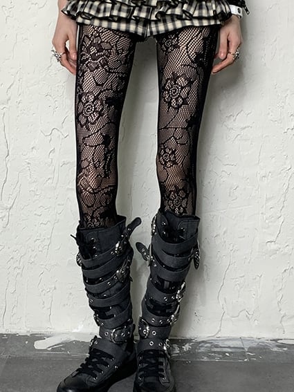 Pattern White/Black/Gray Tights Floral Y2K