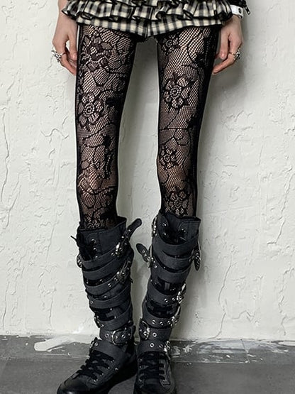 Pattern White/Black/Gray Tights Floral Y2K
