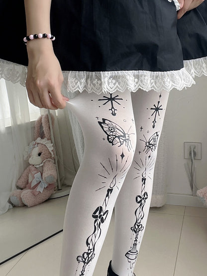 Tights Butterfly and Candelabra Print Gothic Lolita White