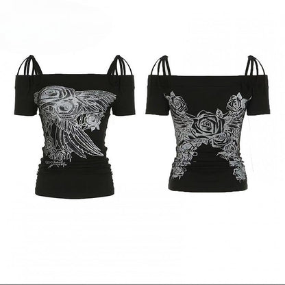 Off-the-shoulder Neckline Decorated Floral Black Rhinestone T-shirt Design Y2K