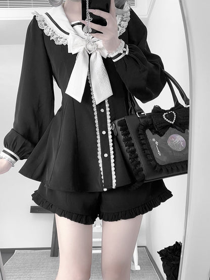 Black White Kei + Ears Bow Mini Dress + Ruffle Hem Shorts Jirai and Back Tie Sailor Collar Bunny Design Set-