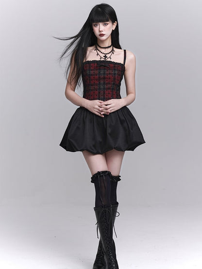 Red Plaid Basque Waist Mini Cami Dress Bubble Skirt