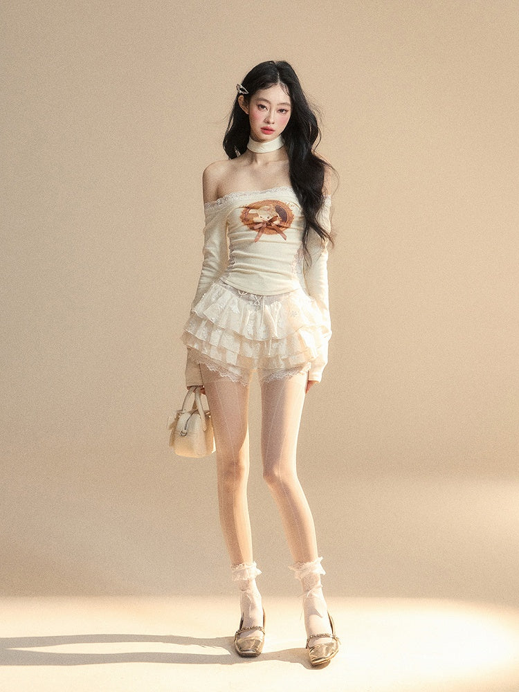 Lamb Print Waist Glamorous Top Patches Apricot Off-the-shoulder Lace Neckline
