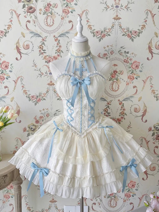 Cross Belle Beige and Blue Halter Neck Corset Dress Balletcore Lolita JSK