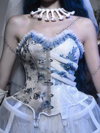 Half White Half Dusty Blue Corpse Bride Floral Corset Top