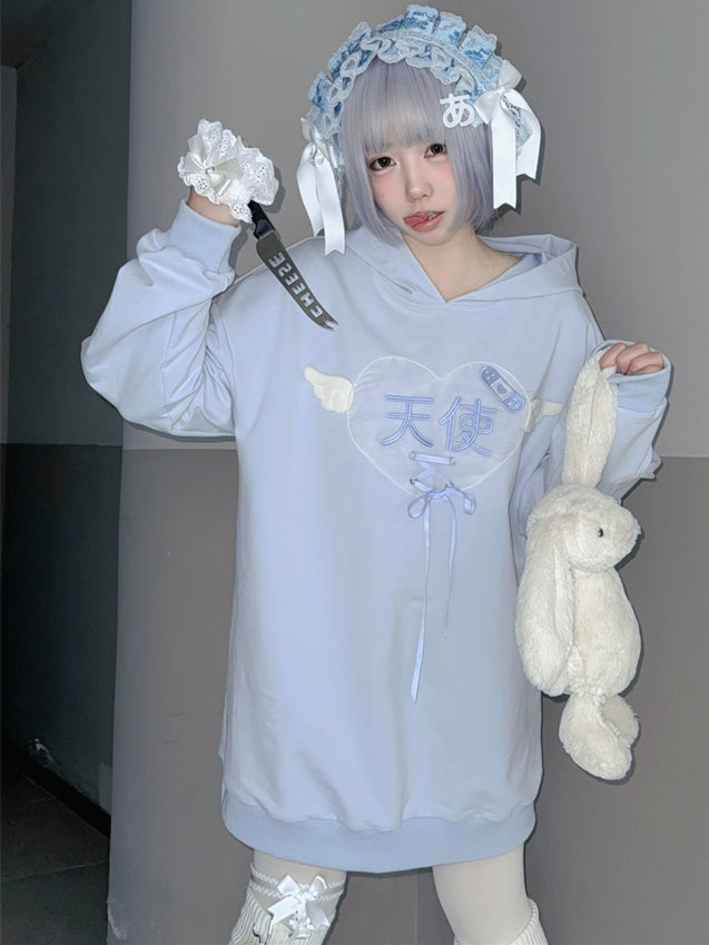 Tenshi Kaiwai Light Blue Characters Lace-up Detail Yami Kawaii Hoodie