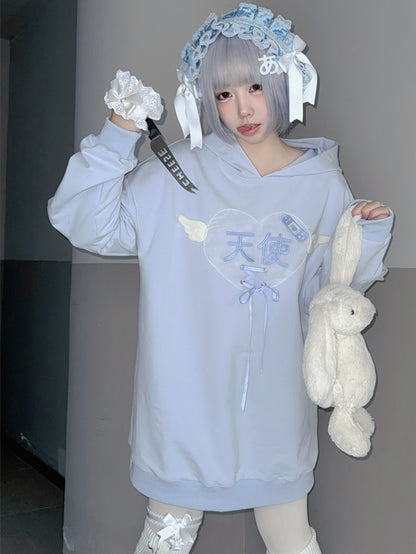 Tenshi Kaiwai Light Blue Characters Lace-up Detail Yami Kawaii Hoodie