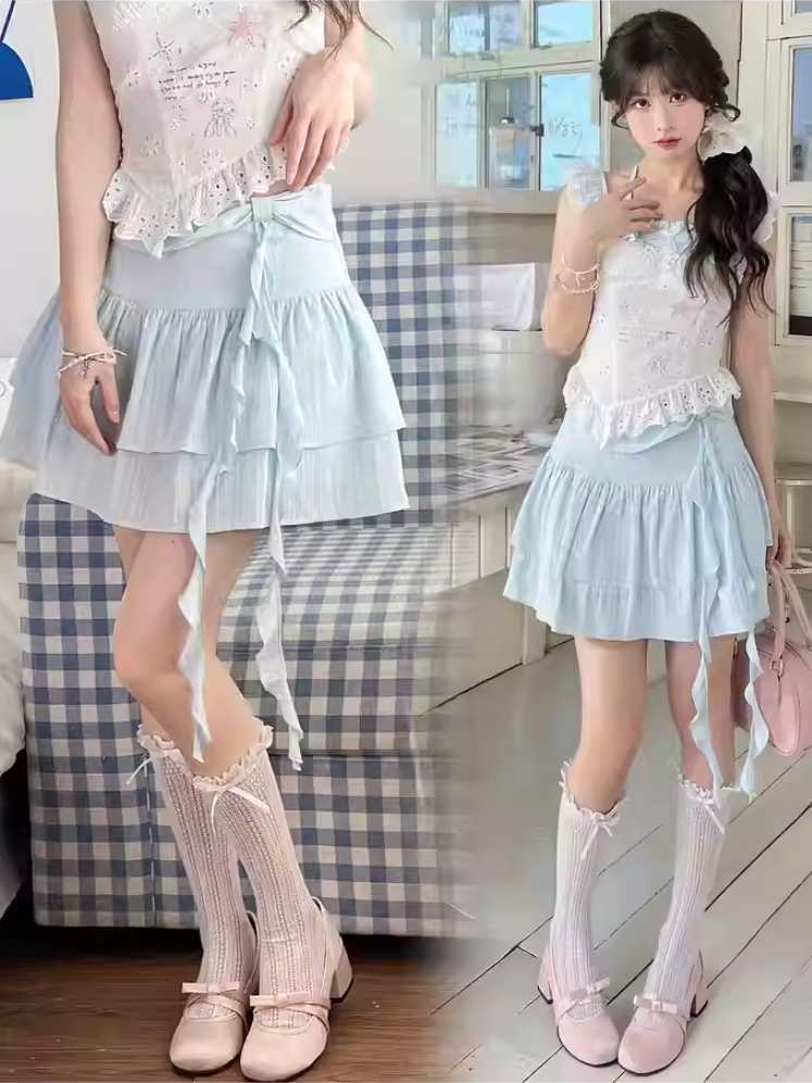 Yume Kawaii Blue Bowknot Detail Waist Tiered Skirt