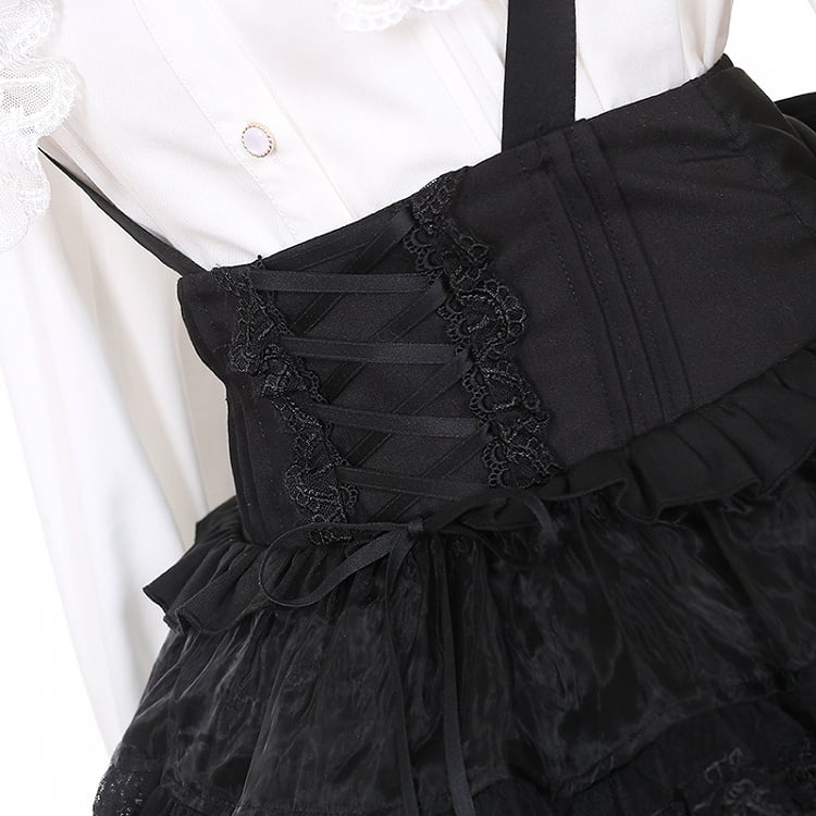 Jirai Kei Black Lace-up Detail High Waist Tulle Skirt Landmine Overall Dress