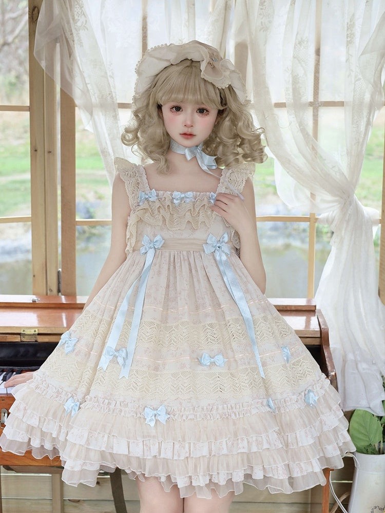 with Layered Dress Blue Accents Sweet Lolita Bow and Ruffles Sleeves Apricot Flutter
