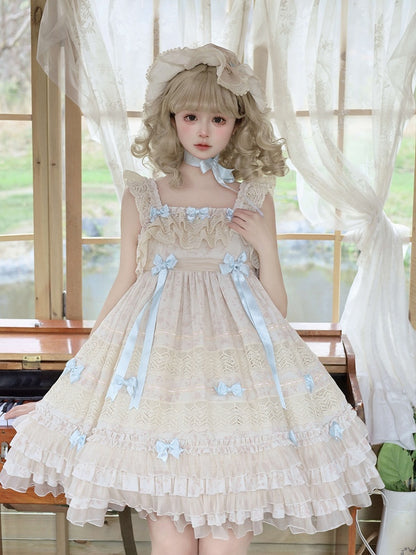 with Layered Dress Blue Accents Sweet Lolita Bow and Ruffles Sleeves Apricot Flutter