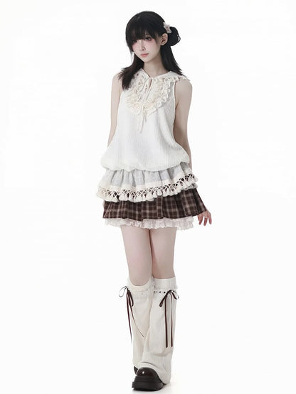 Neckline Hooded Sleeveless Top Keyhole Tassel Hem Tiered Ruffles Self-tie Beige Bohemian