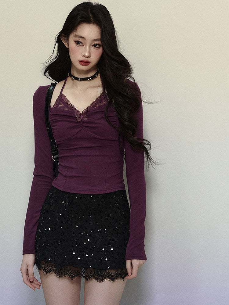 Purple Lace Butterfly Cutout Halter Neck Long Sleeves Top