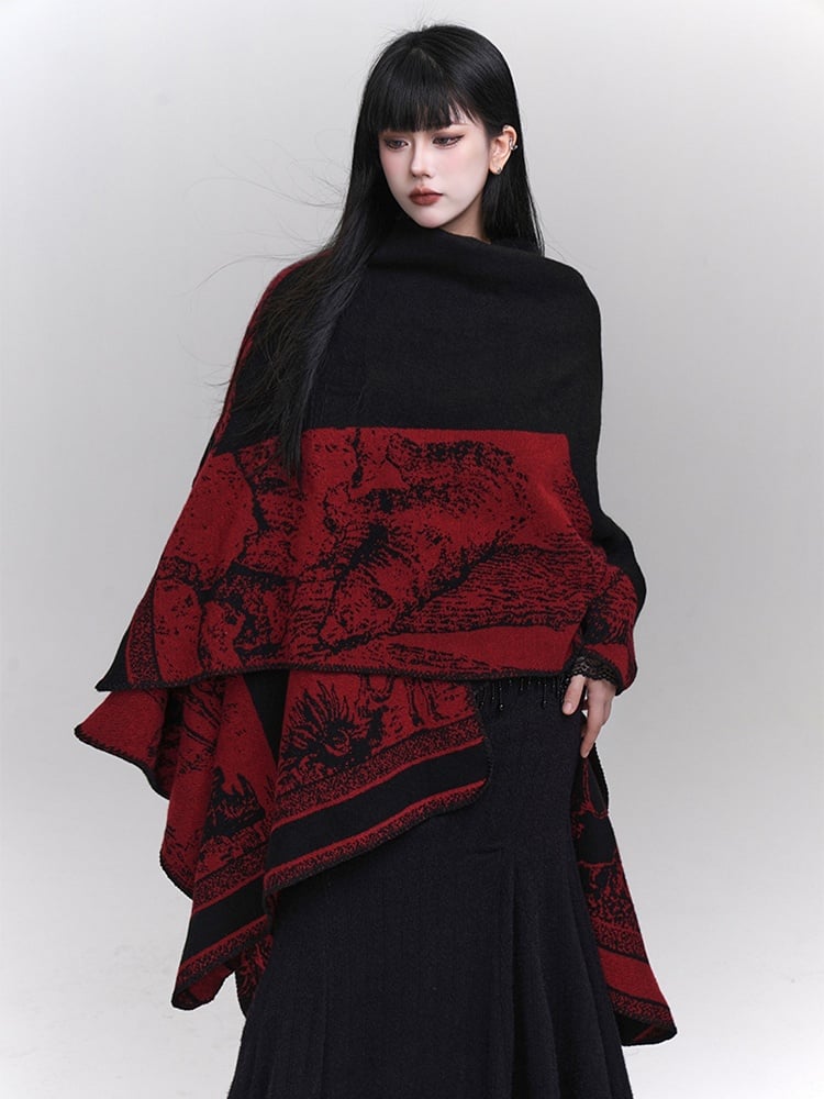 Red Illustration Poncho Black Ethnic Gothic