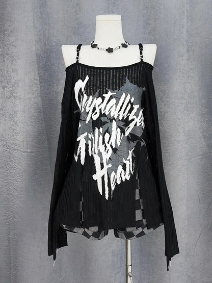 Y2K Slit Black/White Off-the-shoulder Graphic Hem Neckline Coverup