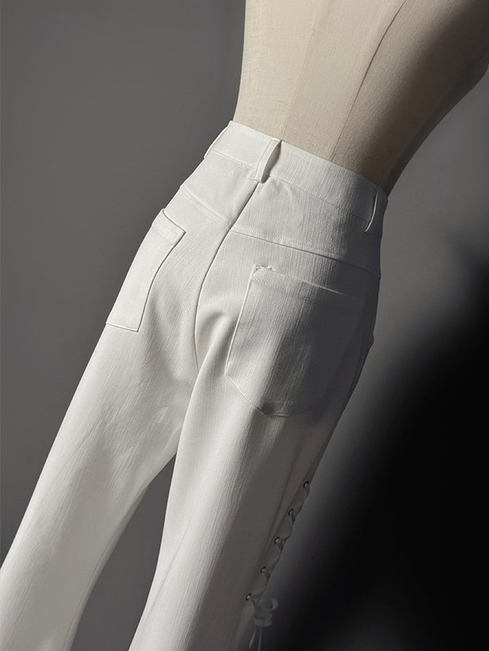 Lace Patches Flared Cuffs Pants White Tiered