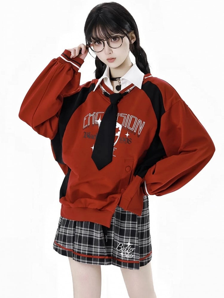 Red SideSlit Shirt Collar Preppy Style Sweatshirt with Free Tie