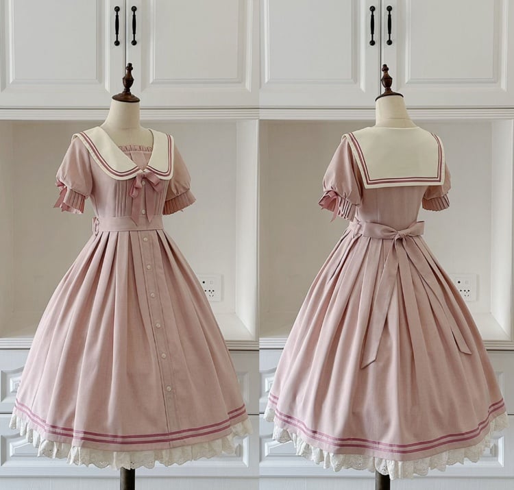 Sakura Pink Sailor Style Summer Dress Pleating Detail Cuffs